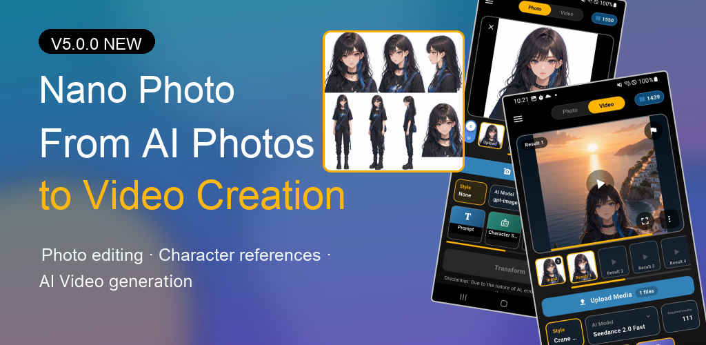 Nano Photo 5.0 with AI photo editing, Character Sheet, and AI video creation