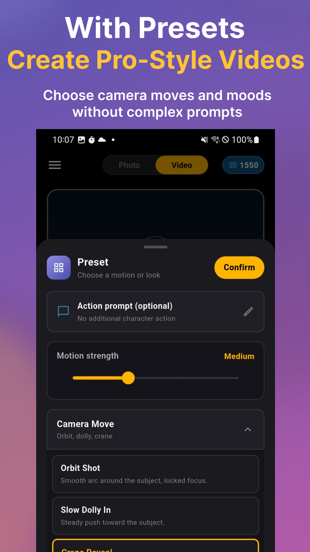 Nano Photo AI video camera motion and mood presets
